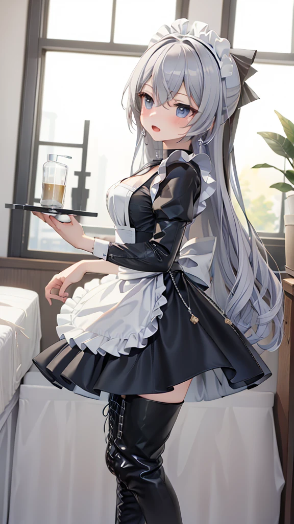 masterpiece, best quality, perfectfeatures, Intricate details, Ray Tracing, illustration,1 Girl, Bronya Zajczyk, Solitary, maid, maid headdress, maid apron, A faint smile, Pantyhose, open mouth, blush, Open your mouth, Looking at the audience, bedroom, indoors, Depth of Field ,  