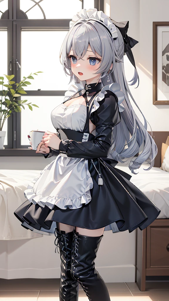 masterpiece, best quality, perfectfeatures, Intricate details, Ray Tracing, illustration,1 Girl, Bronya Zajczyk, Solitary, maid, maid headdress, maid apron, A faint smile, Pantyhose, open mouth, blush, Open your mouth, Looking at the audience, bedroom, indoors, Depth of Field ,  