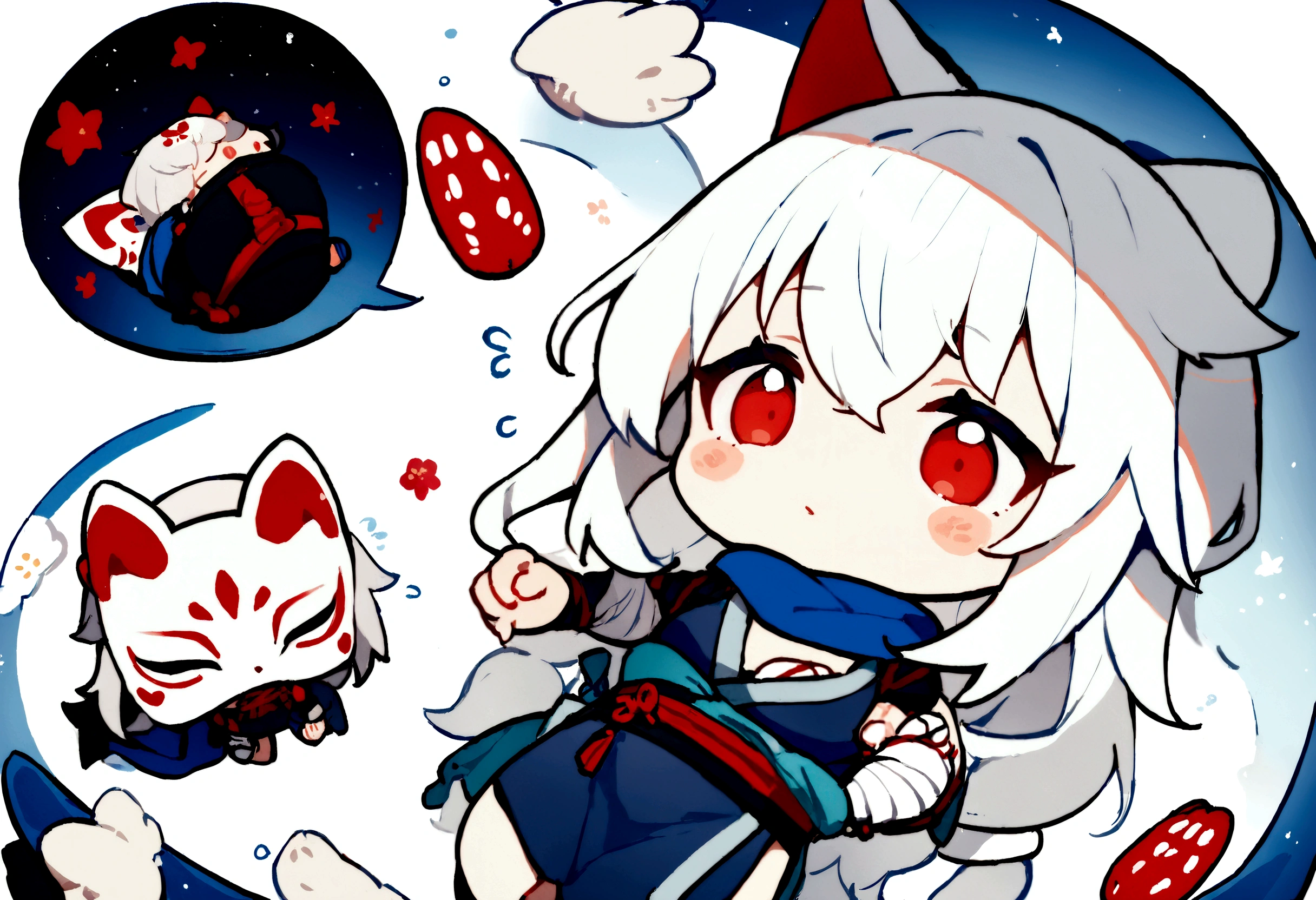 Get under the covers、Black Hai Niso。solo、1 person、whole body、Fall down、sleep、sleep、Stickers、White Gauntlet、chibi,No sleeve、Bleaching、(masterpiece, best quality:1.2), 1girl, 独奏,Wolf girl, fox mask, ninja, girl, white hair, odd eyes, blue kimono, ninja girl, red and blue scarf,Chibi Character、White background, fantastic atmosphere.White background、、Black fox mask、Fisheye Lens、hair、Bandage on chest、boy、Black fox mask、Blue Bondage、Long Hair
