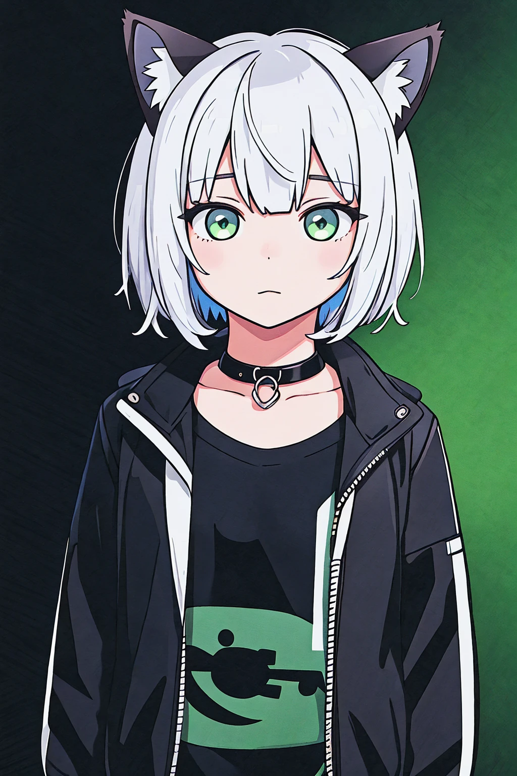 1girl, :3, animal_ears, bangs, black_background, black_jacket, blush, cat, cat_ears, choker, closed_mouth, collarbone, eyebrows_visible_through_hair, green_eyes, hair_between_eyes, jacket, letterboxed, looking_at_viewer, medium_breasts, sarashi, short_hair, silver_hair, solo, stuffed_animal, stuffed_toy, transparent_background, upper_body, virtual_youtuber, white_hair, wears techwear clothes, detailed, masterpiece, 