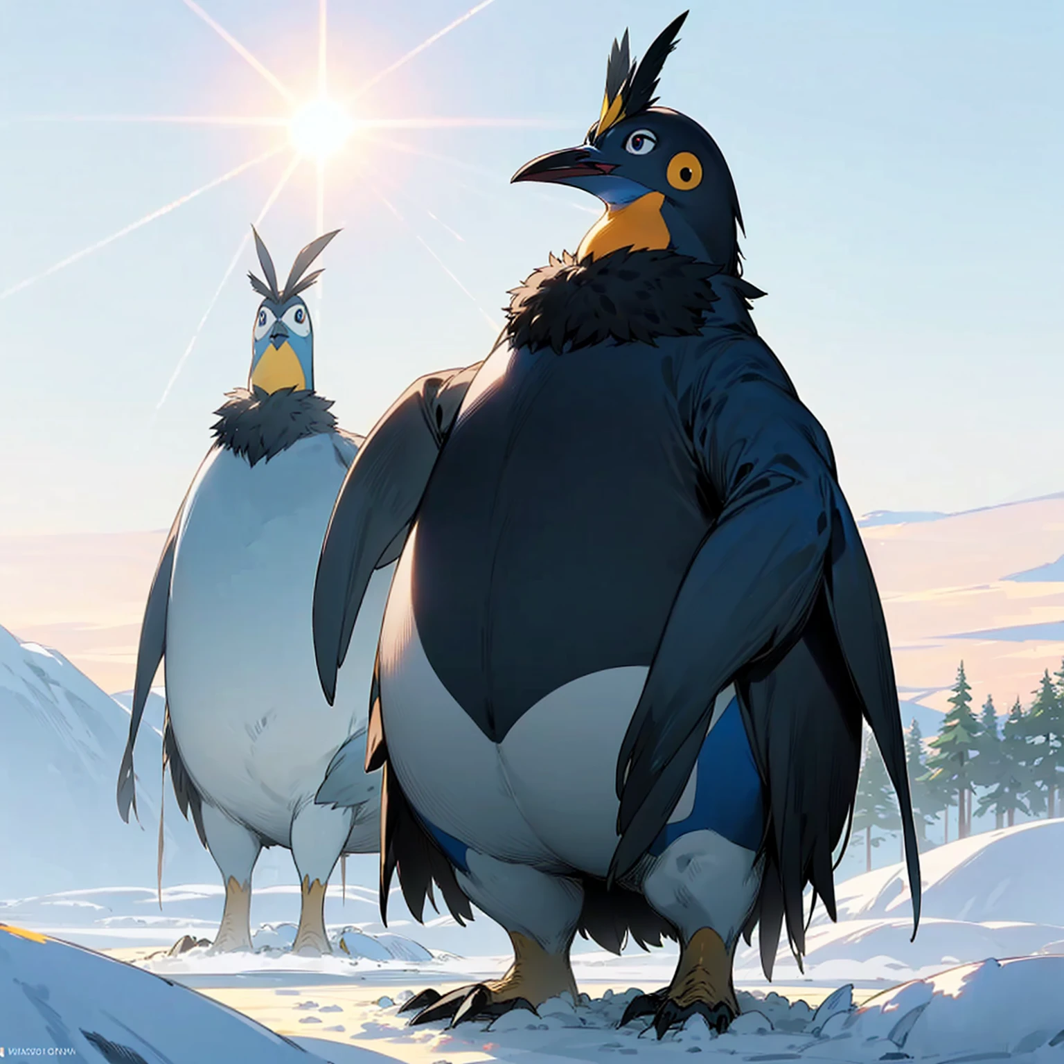 1character, Full body version, blue and yellow cassowary mixed with penguin, blue eyes, cassowary head mixed, very fat stomach, thick fur, largest body, very tall height, its head is small among its largest body, Grassroots in snow, In the morning, the silhouette of the sun, the glare of the sun, his eyes shining blue light