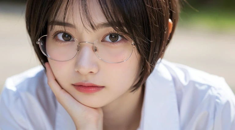 (Bob Cut Hair:1.2),(Wear round glasses, Wearing school uniform:1.2),1 girl,Japanese,21 years old,(Small breasts:1.3),(Highest quality,masterpiece:1.3,超A high resolution,),(Ultra-detailed,Caustics),(Photorealistic:1.4,RAW shooting,)Ultra-Realistic Capture,Very detailed,High resolution 16K human skin close-up。 Natural skin texture、,Pores、、It needs to be detailed enough to be easily identifiable。 Skin should be even-toned and healthy looking。 Use natural light and colour, Sad expression, Looking at the camera, Perfect dynamic composition, Outdoor