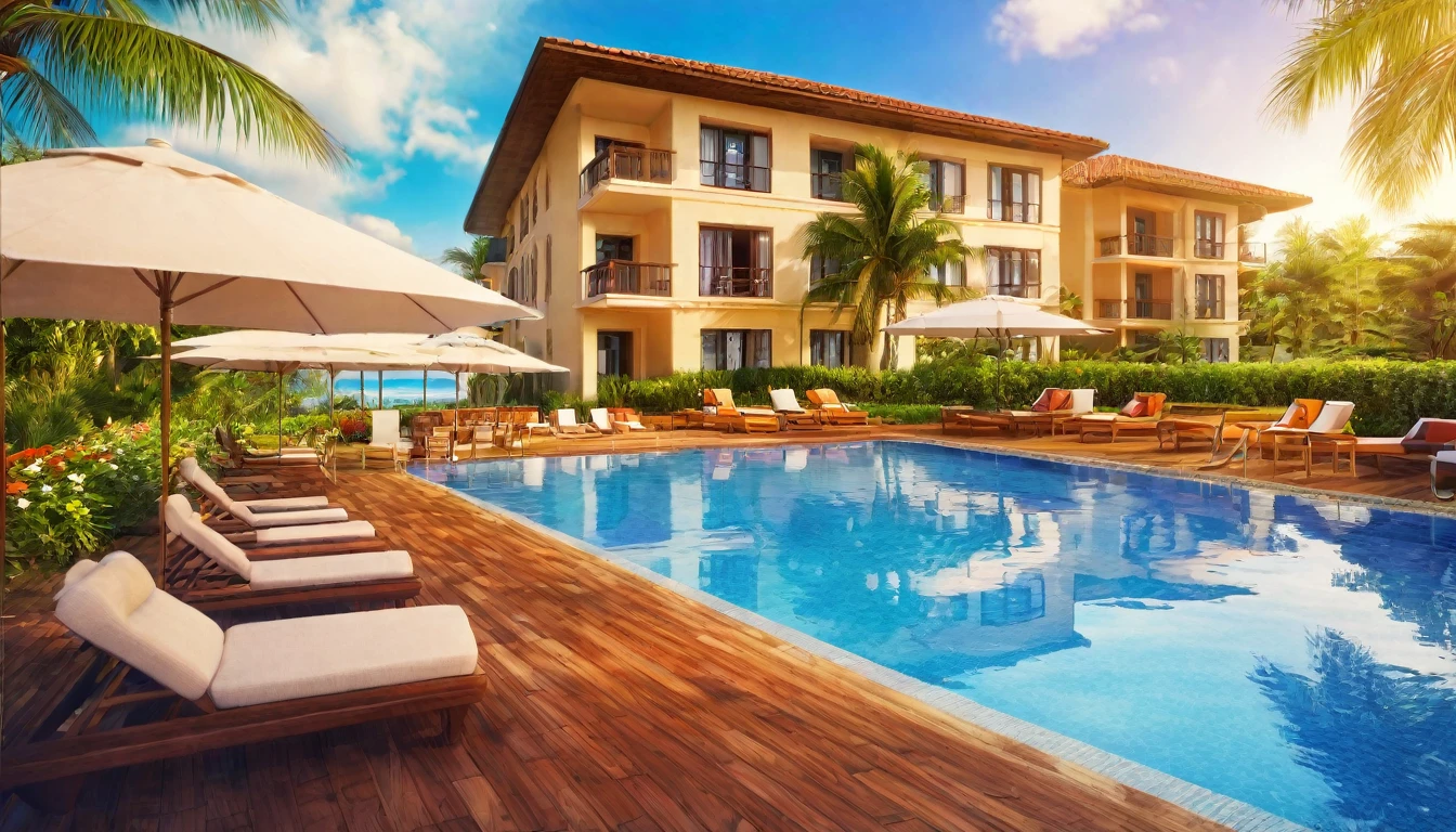 Resort hotels,Pool,Summer sky,Blur the background,Glitter effect,Highest quality, 8K, High resolution, masterpiece:1.2, Very detailed, Realistic:1.37, High resolution, 超High resolution, Ultra-fine painting, Very detailed, Professional, Vibrant colors