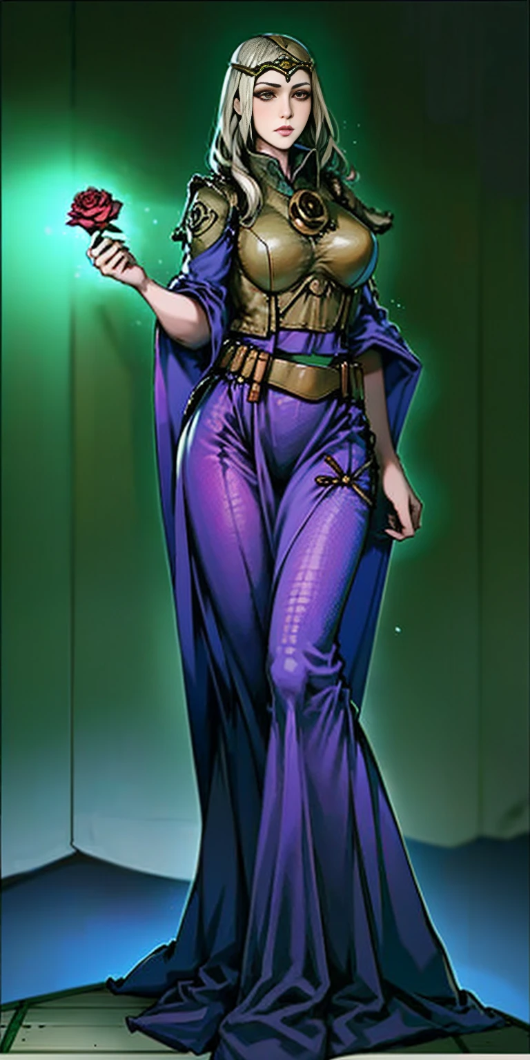 Cassia Orsellio femenino, big breasts, voluminous breasts, curvy breasts, Fishnets, standing with a bouquet (Red roses), full height, bottom view, Best Quality, Very detailed, ultra8K resolution,huge chest, shelter , vest, long skirt, portrait, whole body, victorias clothing, long dress, gentleman, pants, black leather suit, Medieval city, PLANTS, vest,Polo shirt, forest, long skirt