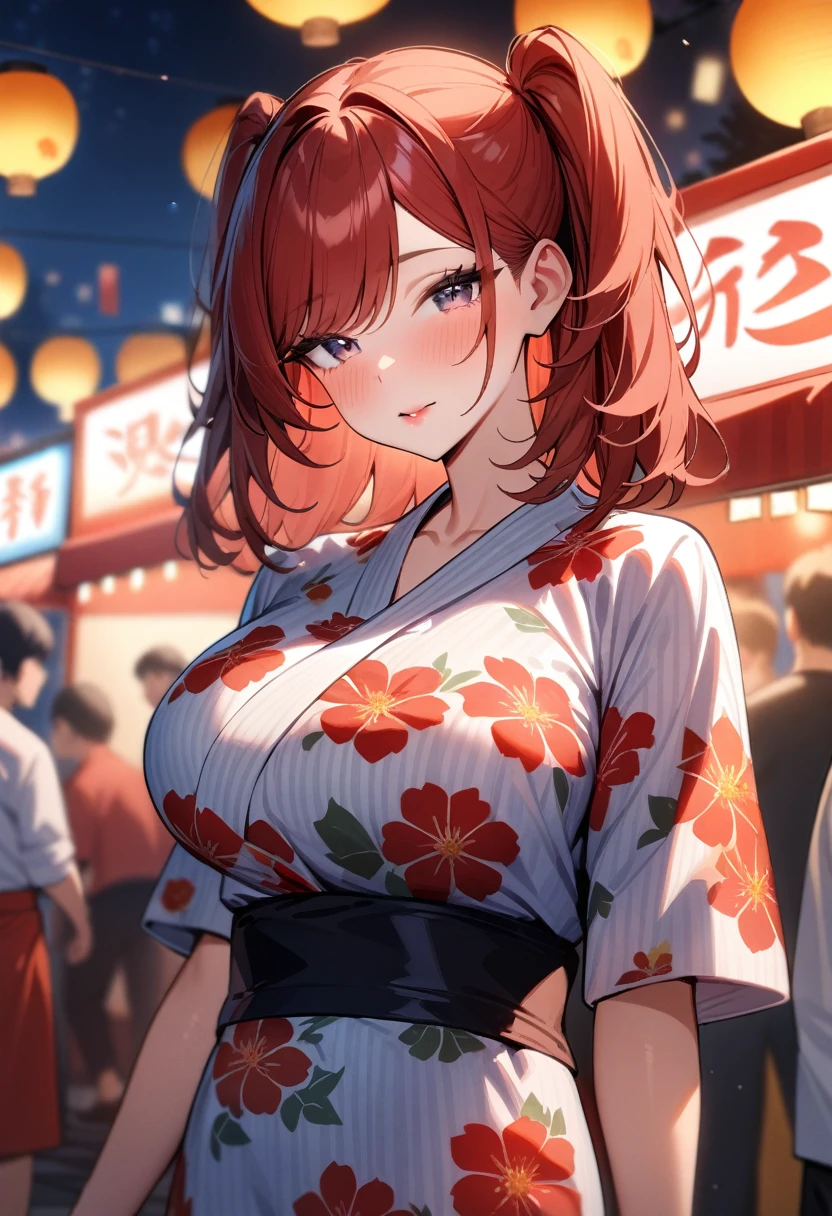 1girl,solo,super detailed skin,shiny skin,natural face ,half open eyes,eyelashes,lips gloss,red hair,swept bangs,two side up,large breasts,floral printed yukata ,night Festivals, food stalls,cowboy shot,masterpiece,best quality,ultra detailed,high resolution,sharp focus,depth of field