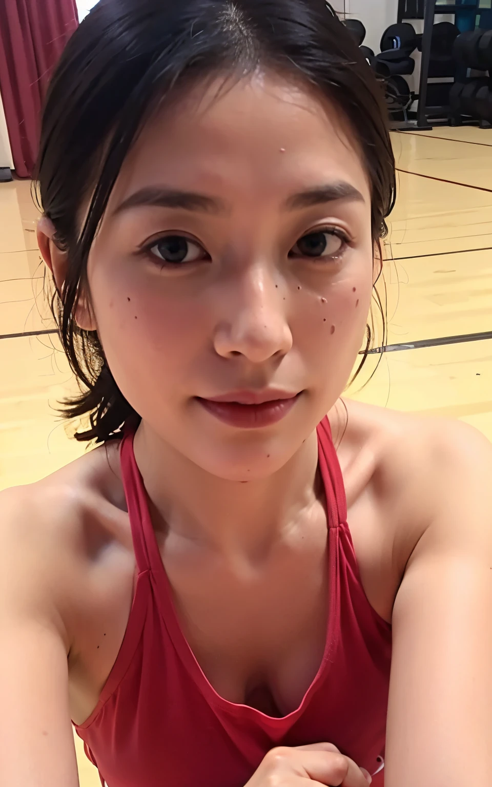 Very detailed CG Unity 8k 壁紙、Highest quality、Very detailed、masterpiece、Realistic、Realistic、Very detailedかわいい女の子、28 years old、plump、Round face、Round eyes、audience、blush:2.0、Fair skin、Multiple moles、Open your mouth、Sportswear、Gym、short hair,Large Breasts、Edge Orgasm,Face Focus,Sweaty、Fingers touching the body、Spread your legs