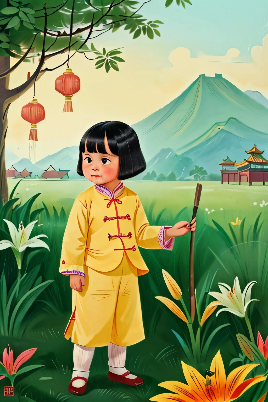 Puwei, China, 1828. A little ((((5-year-old)) Lily)), girl, in the farm, ((((chinese clothings from the 1820s)))), ((short bob hairstyle of the 1820s)), ((colorful))