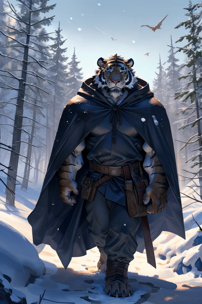 By Taran fiddler, solo, male, tiger man, dressed in a cloak and satchel, muscular, older male, cloak hiding face, face hidden by cloak hood, beard, walking towards viewer, smaller silhouette behind the tiger, forest background, snowy, establishing shot, character is far in the background, zoomed out, dynamic angles, dynamic posing.