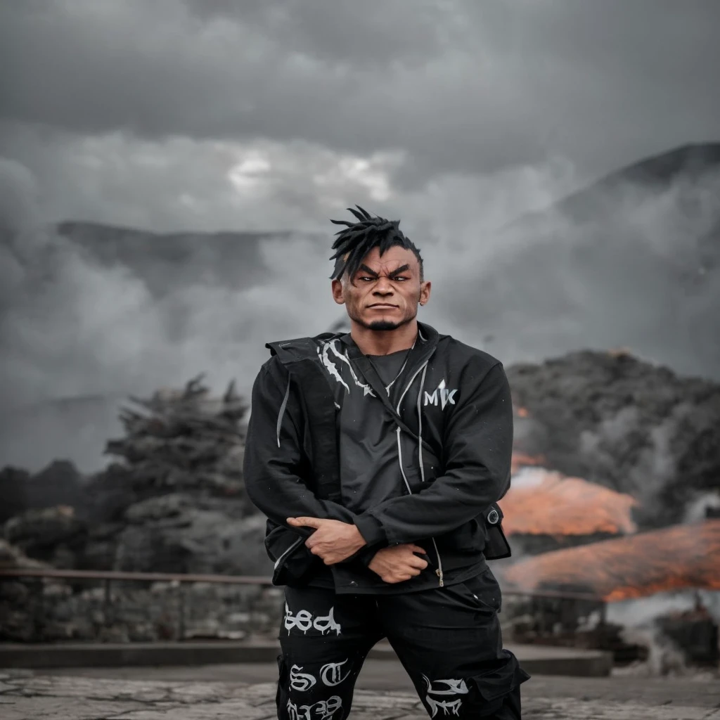 Akuma from street fighter, realism, with demon wings, red glow eyes, fire