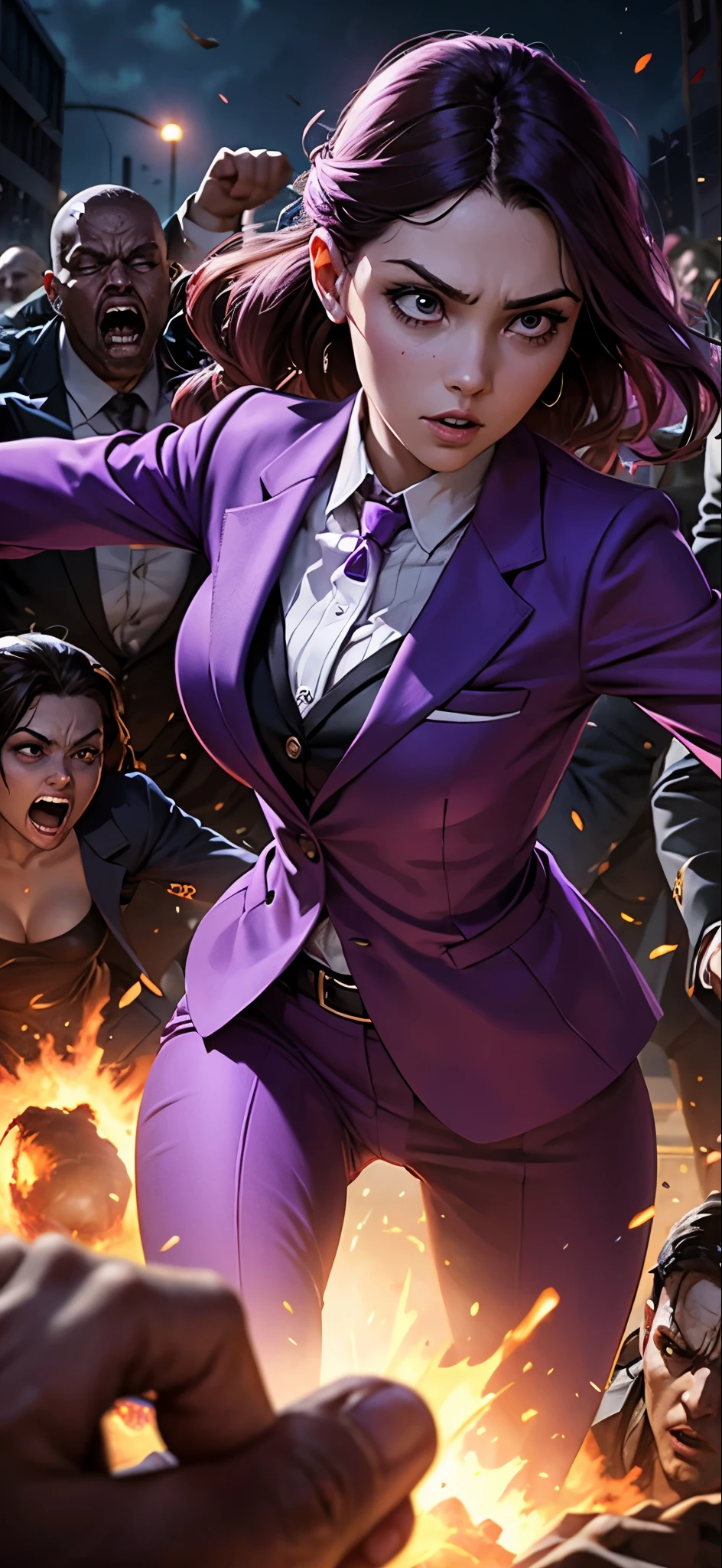 A woman in a purple suit is fighting surrounded by zombies