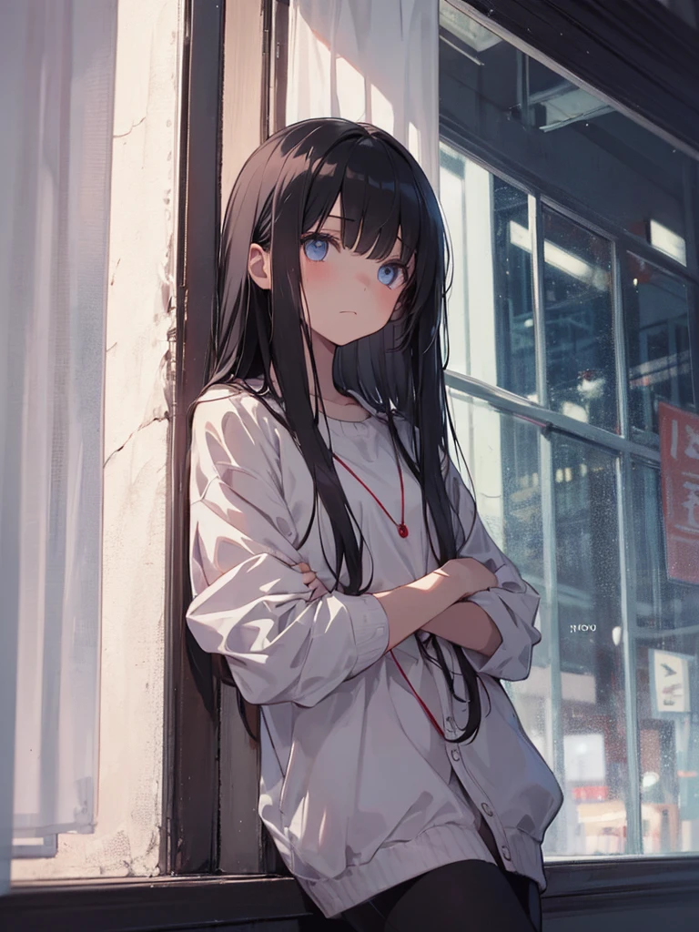 A girl, sad expression, looking at the window, leaning against the window, black long hair, night lonely vibe.