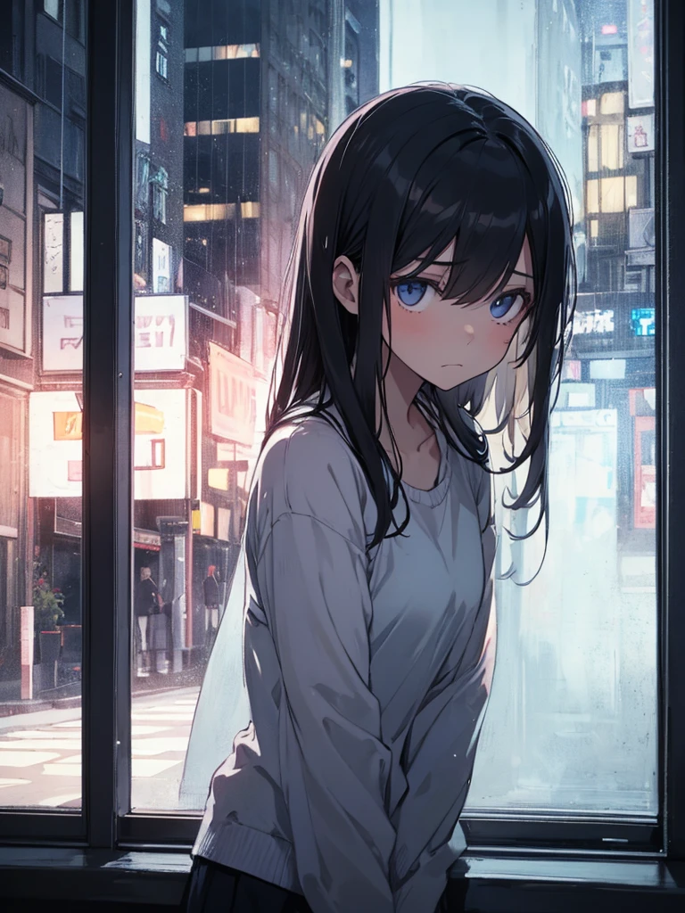 A girl, sad expression, looking at the window, leaning against the window, black long hair, night lonely vibe.
