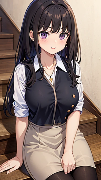 1 Girl, Black Hair, office lady, Large Breasts, Wearing a pink plaid vest, Wear a white shirt, Grey pencil skirt, wear black tights, necklace, Earrings, Cute face, smile, Blushing, Brown Hair, sitting on the stairs, Leaning forward, Front view,、Long Hair、