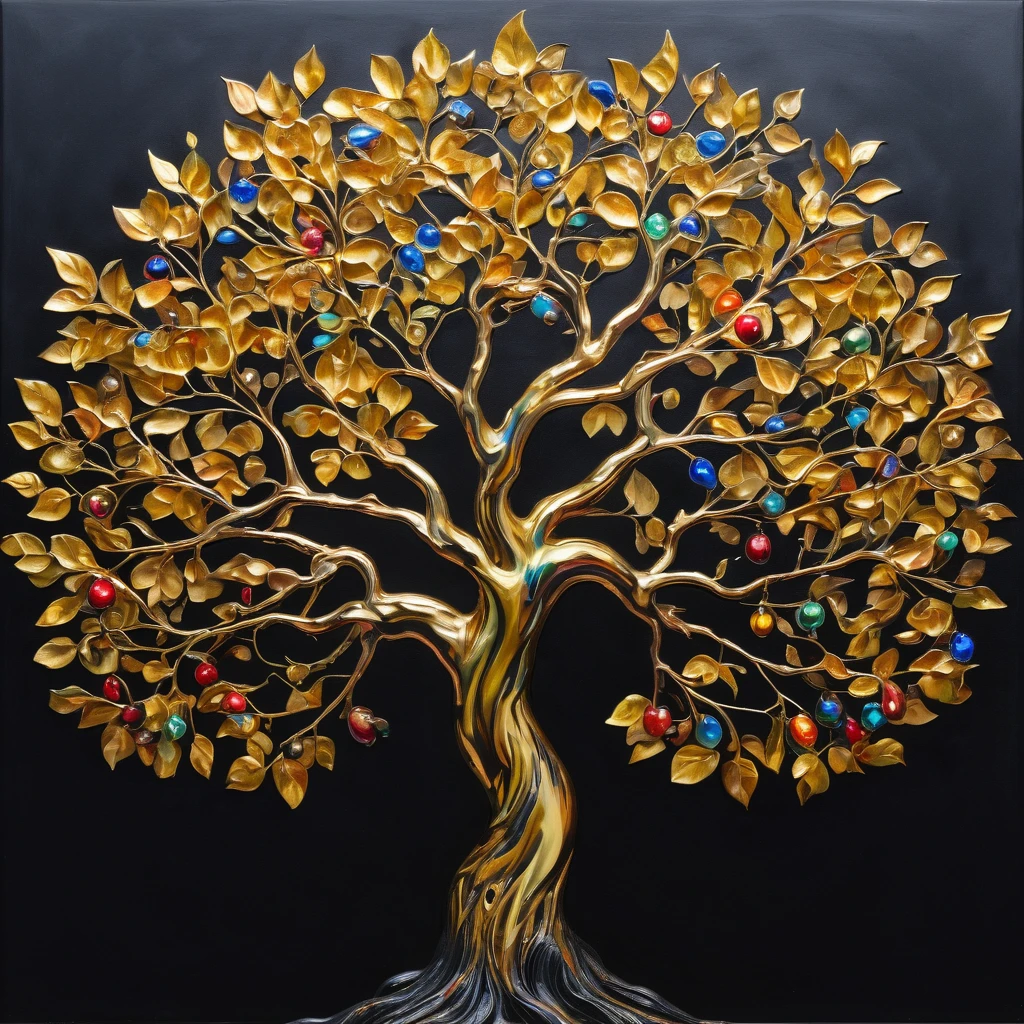 A full ultra-realistic award winning oil painting of one full bionic mechanized tree on a dark, matte black background. The tree is made of gold and has twelve colorful opal fruits. The stem and branches are fully made of gold. The tree has a lot of golden leaves. The dynamic lighting casts sharp focus on every feature, making the gold radiate. The painting exudes a sense of power, allure and charm. Painted with expert precision, this smooth and intricately detailed painting promises to leave an indelible impression.