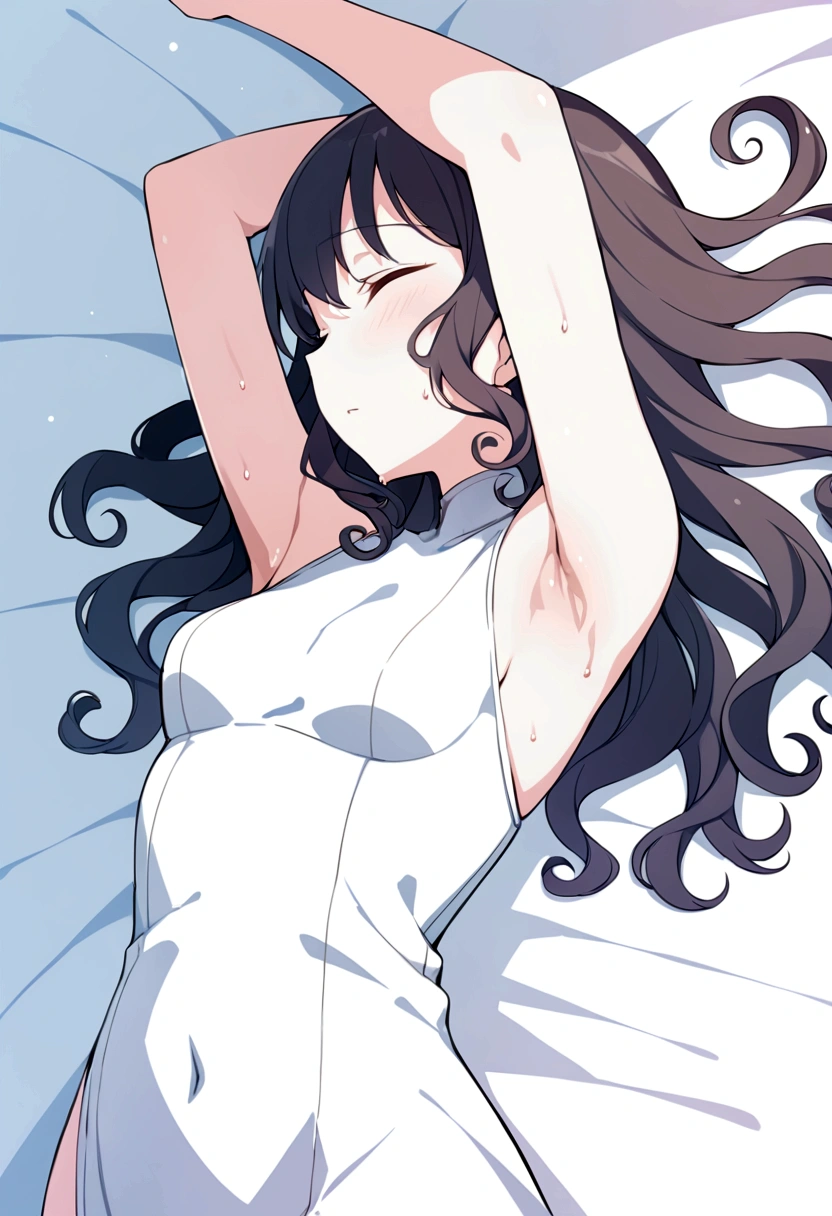 Perfect anime illustration, 1girl, slim, , medium length curly hair, white dress, laying down, arms up, armpits, ((smooth sweaty armpits)), closed eyes, upper side view,