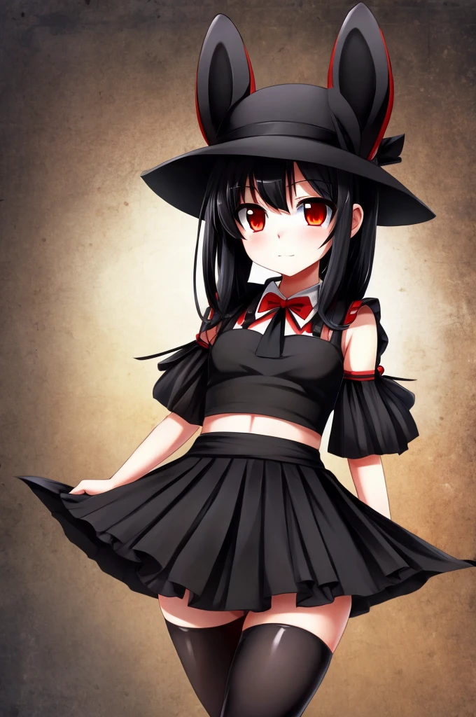 girl, anime, black hair, Red eyes, black hat, black rabbit ears,black top,black skirt, black tights.