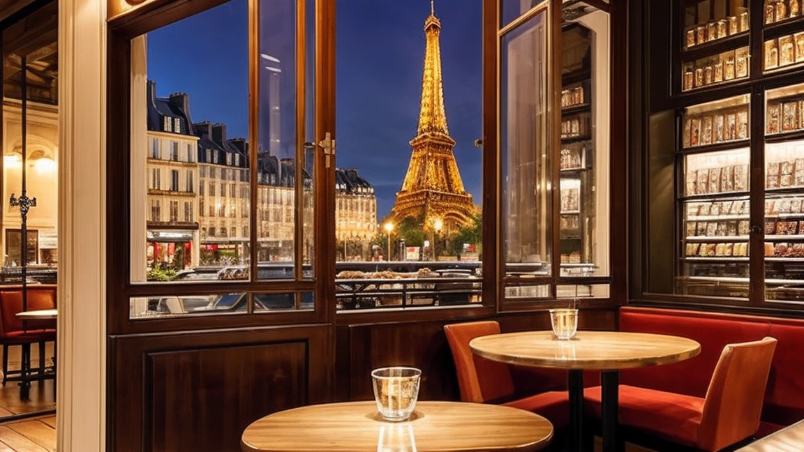 a cozy night time at a Parisian coffe shop interior with cozy lighting and sweets in the shelves. There are tables and coffee cups in the tables. There is a big window in the middle of the coffees hop and the outside view is this eiffel tower