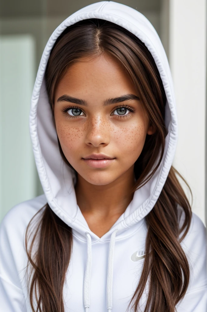 Beautiful tanned girl with beautiful cheeks and light eyes, with brown hair and some freckles, dressed with a white Nike hoodie, ultra realistic image