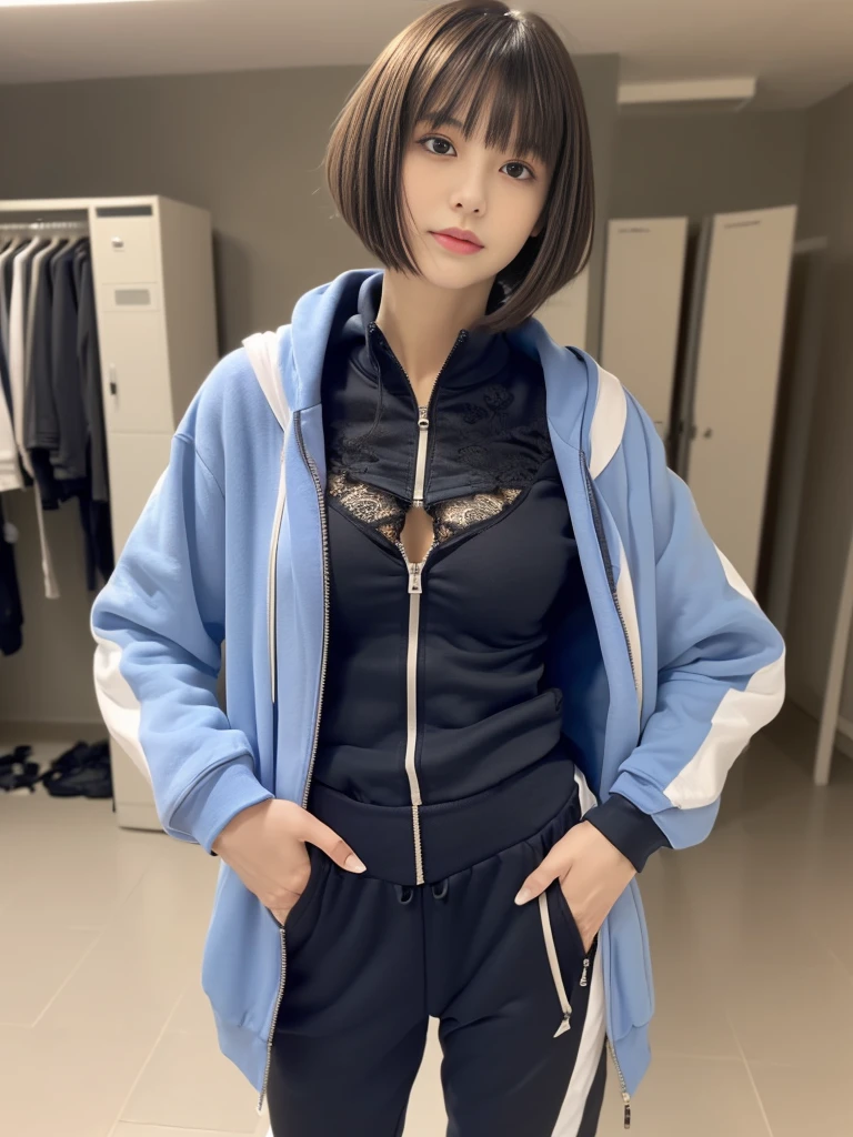 (((masterpiece, highest quality, Very detailed))), 1 female, (((very thin body))) , (((length, Thin legs))), (((Black Short Hair, Thick and fluffy bangs ))), (((Very detailedな顔))), Cosmetics Free, Small, thin nose, small thin mouth, (((Extremely sharply focused eyes))), Japanese, Beautiful Face, (A vivid face), Beautiful Hairstyles, Realistic eyes, Beautiful and beautiful eyes, (Realistic Skin), (Blue jogging suit with white lines:1.3, Private Server, Dirty clothes, Open the zip:1.3),((Black lace bra on)),locker room