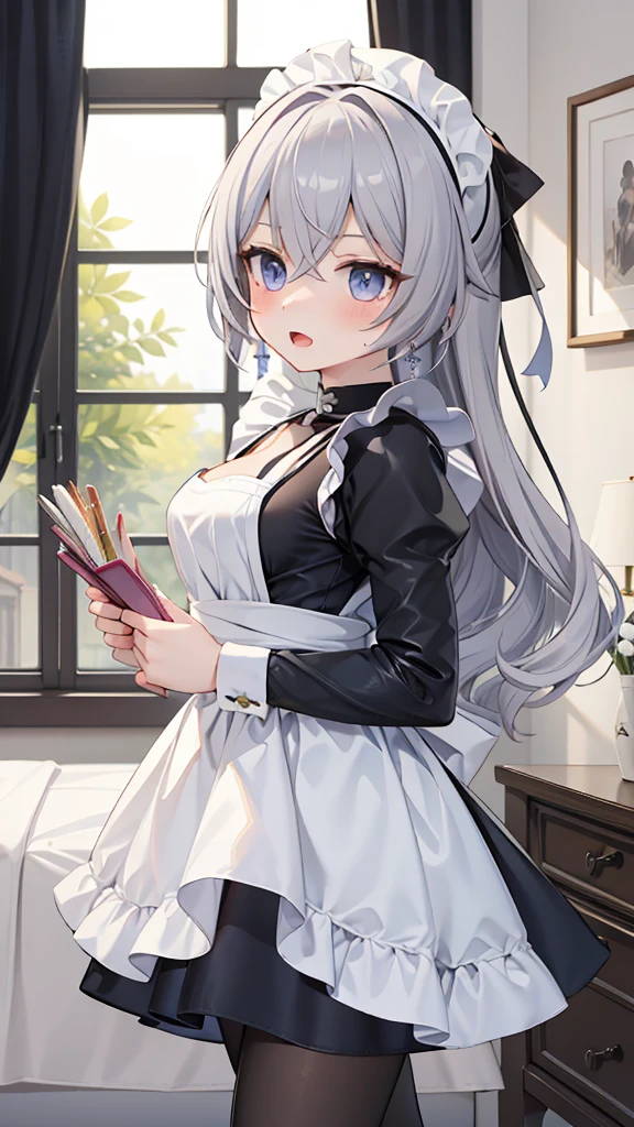 masterpiece, best quality, perfectfeatures, Intricate details, Ray Tracing, illustration,1 Girl, Bronya Zajczyk, Solitary, maid, maid headdress, maid apron, A faint smile, Pantyhose, open mouth, blush, Open your mouth, Looking at the audience, bedroom, indoors, Depth of Field ,  