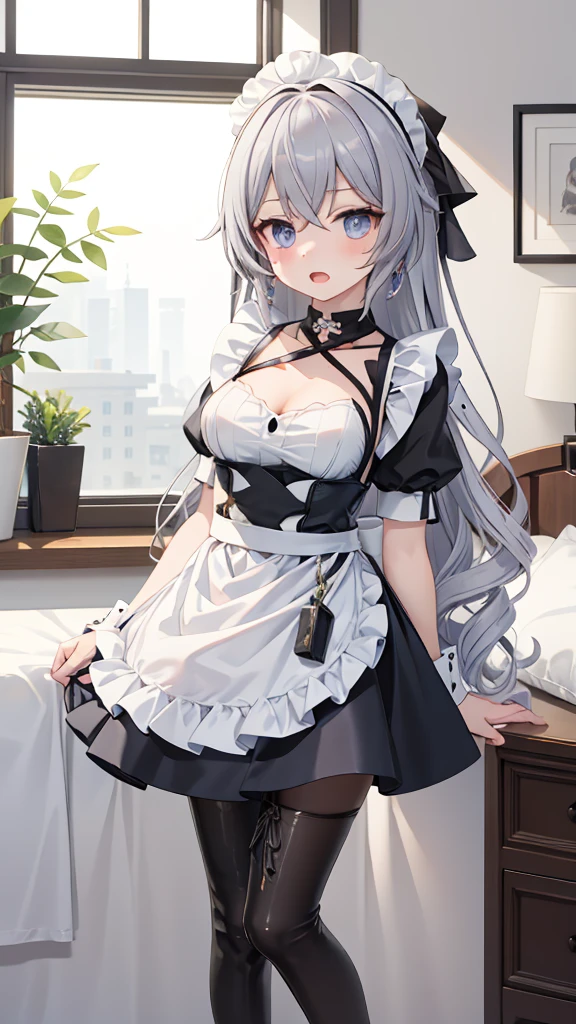 masterpiece, best quality, perfectfeatures, Intricate details, Ray Tracing, illustration,1 Girl, Bronya Zajczyk, Solitary, maid, maid headdress, maid apron, A faint smile, Pantyhose, open mouth, blush, Open your mouth, Looking at the audience, bedroom, indoors, Depth of Field ,  