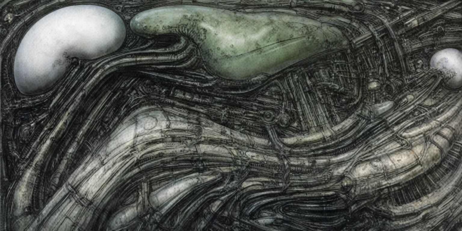 g1g3r, The image is a detailed view of H.R. Giger's biomechanical tableau \" Landscape XVI \" plate, featuring
surrealistic painting of a monster with multiple tentacles and a body that looks like a brain, surrounded by a chaotic scene of swirling clouds and other monsters.
It's a complex network of bones and organs in eldritch color scheme:a greenish-brown hue ,swirling gery and brown colors. The artwork is silverish and green brown, with an ivory bones prominently displayed. The image is highly detailed and intricate, almost like a 3d version of a medical sketchwork.
This tableau is an artwork featuring a close-up of a creature that resembles a caterpillar with a white head, surrounded by a complex network of lines and shapes.
Biomechanical landscape by Hans Rudie Giger composed of fossilized and mummified alien life forms. Image depicts a strange and eerie, combines biological and mechanical ,managed to dreamlike quality. These shapes suggest fossilized mummified alien life forms. Central mummy structures and what appears to be a spines of ivory in the foreground are the most identifiable organic elements. The mechanical elements are evident in the wires and tubes emanating from the creatures. In the background shapes are visible that could be interpreted as other fossilized or mummified alien life.
Light source from the top highlights skeletals, upper part of foreground, lower part of image is in shadow.
The piece is a tableau, most likely created with a India ink pen or pencil on paper, determined by the thin lines, shading techniques, and the texture of the paper, which is visible around the edges.
Used is pen, given the shading and variations in line weight visible in the image. Artist have used a variety of stylus with different degrees of hardness to achieve the shading effects.
The use of undersaturated green-grays dark contrasts creates a stark and graphic look. Is used a variety of linework techniques to create different textures.
