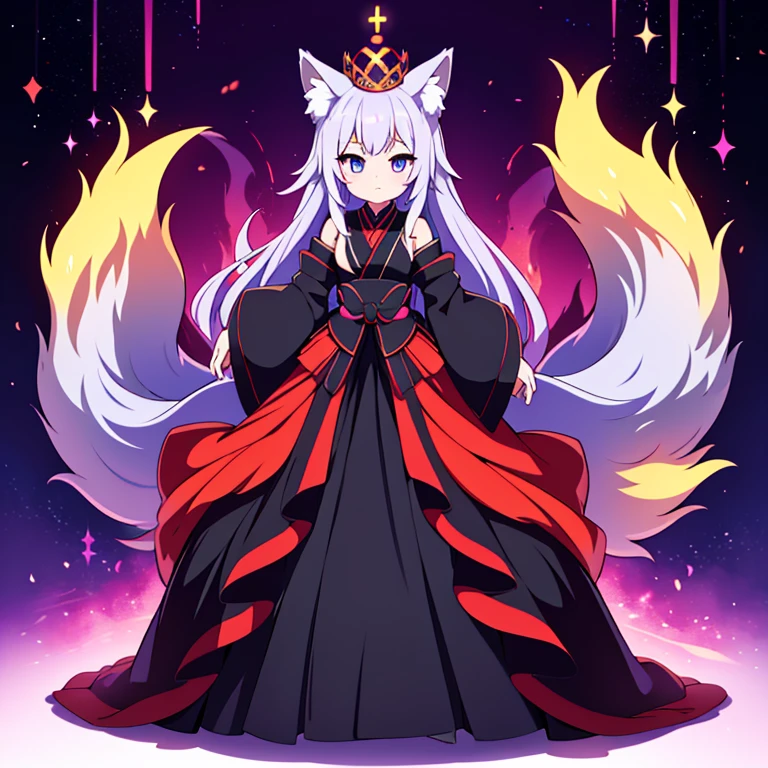 ) Full body, beautiful eyes , 1 girl , full body , cute girl , anime style , cute eyes ,fox , (ball gown) , crown , hidden legs ,( queen) , (standing up) , Noxkitsune is the legendary counterpart to Legendarune, embodying the mystical and shadowy aspects of the night. This Pokémon is revered for its control over darkness and its ability to blend into the shadows, making it a master of stealth and illusion. Noxkitsune has sleek, obsidian-black fur that shimmers with a faint, iridescent glow under the moonlight. Its piercing silver eyes and long, flowing tails, tipped with dark purple, add to its enigmatic and formidable presence.. kitsune , nine tails , (full body) , anime style , human girl , (nine tailed kitsune) , beautiful eyes , (princess)