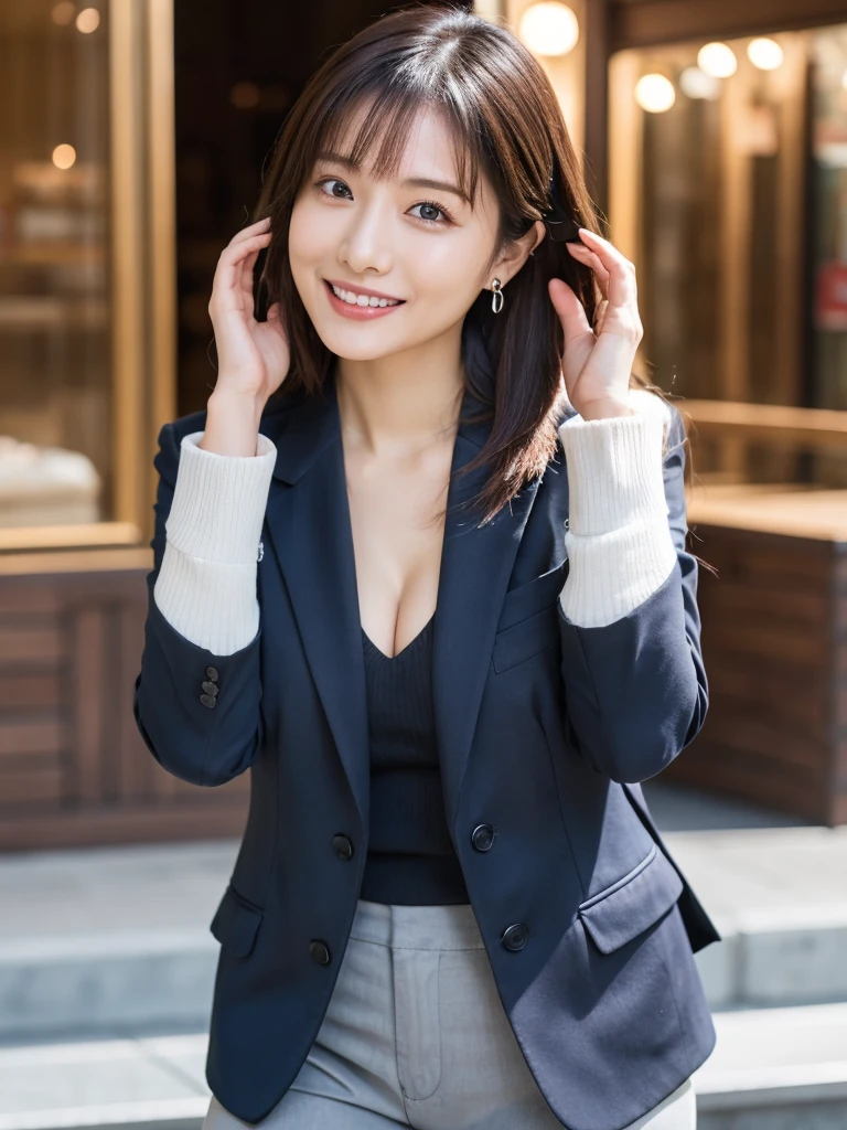 ulzzang -6500-v1.1, (Raw photo:1.2), (Photorealsitic), Beautiful detailed, Famous popular actresses、 (Real: 1.4), extremely detailed eye and face, beatiful detailed eyes, ((Dazzling night illumination plaza:1.2)), ((Women's Suits:1.3, Ultra-realistic pantyhose:1.2))、selfee、Instagram、harsh trial、game_nffsw, Please look at the camera and raise your hand、huge filesize, hight resolution, ighly detailed, top-quality, [​masterpiece:1.6], illustratio, ighly detailed, nffsw, finely detail, top-quality, 8k wallpaper, Cinematographic lighting, 1 milf, 42 year old, perfect body type, Beautiful big drooping eyes、Pieckfinger, ((masutepiece)), Best Quality, 1 milf, eye shadow,  high-heels、Portrait, ((FULL BODYSHOT:1.4))、(Very affectionate smile:1.2)、realistic skin textures、shinny skin、Exposed thighs!!!