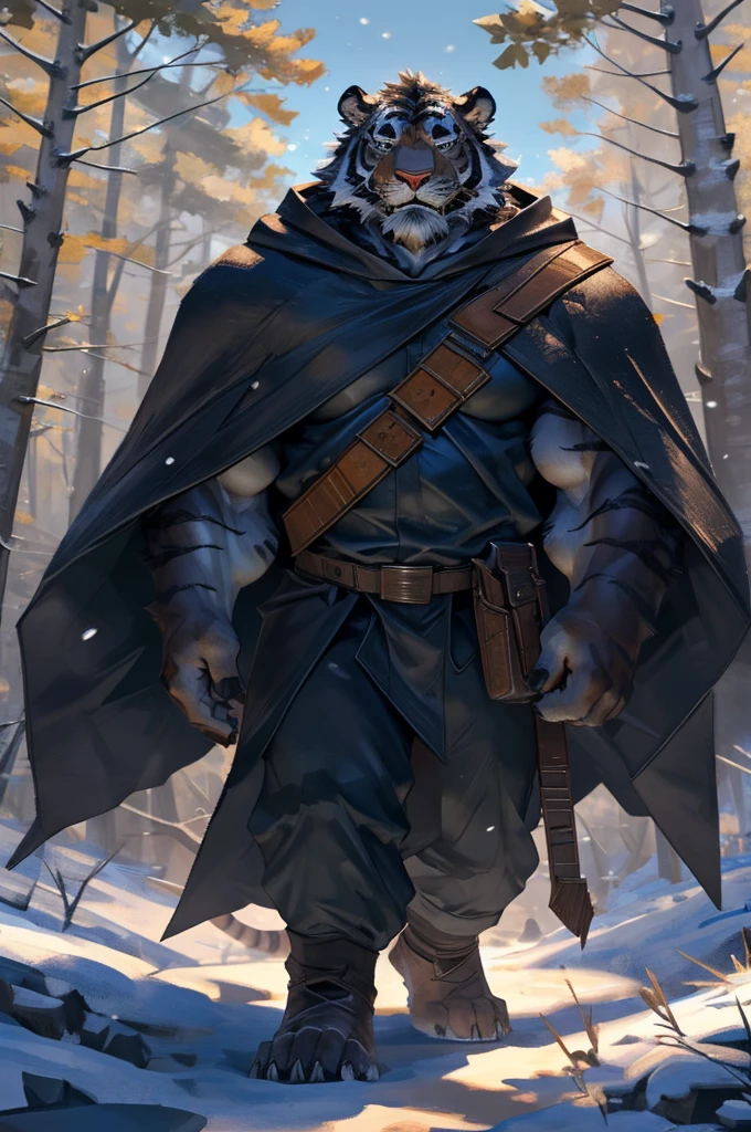 By Taran fiddler, solo, male, tiger man, dressed in a cloak and satchel, muscular, older male, cloak hiding face, face hidden by cloak hood, beard, walking towards viewer, smaller silhouette behind the tiger, forest background, snowy, establishing shot, character is far in the background, zoomed out, dynamic angles, dynamic posing.