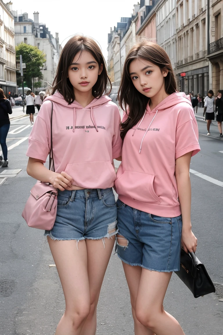deux femmes ensemble de 18 ans sexy et mince , pink short sleeve hoodie , jambe visible , se touche,avec des pigeons qui se pose sur elles,position sensuel