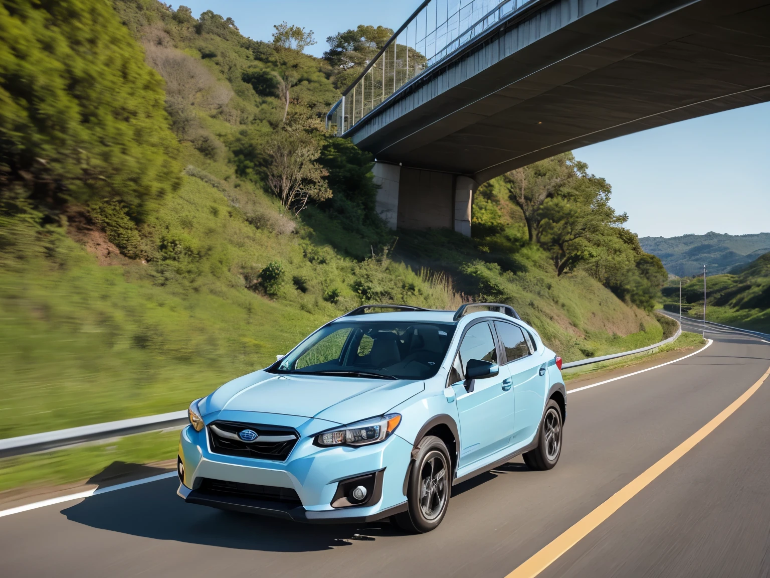 ((Highest quality)), Photo style､Blue SUBARU Crosstrek､Expressway､accelerate､sunny