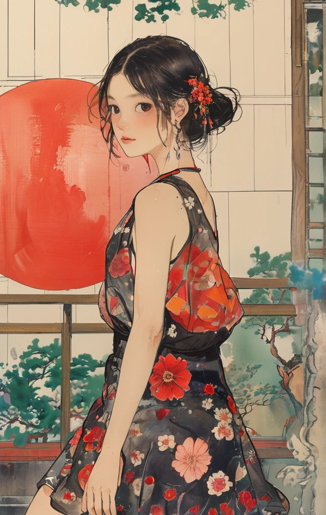 On a bright red campus"YES"Character、((8k wallpaper of extremely detailed CG unit, masterpiece, hight resolution, top-quality, top-qualityのリアルテクスチャスキン)), (a very beautiful woman, Plump lips, The upper part of the body, Hands in pockets:1.5, Japanese pattern blouson:1.2, Japanese pattern micro mini shorts:1.2), (A dark-haired, hair messy, de pele branca, small tit), ((Colorful background with geometric patterns, Japanese pattern background, warm color)), (hyper realisitic, digitial painting),