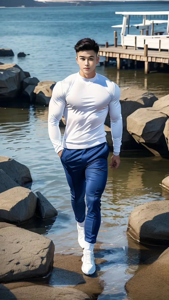 korea male handsome male,big muscle,crew cut,soft light dark academia,outfits,winter,seaside