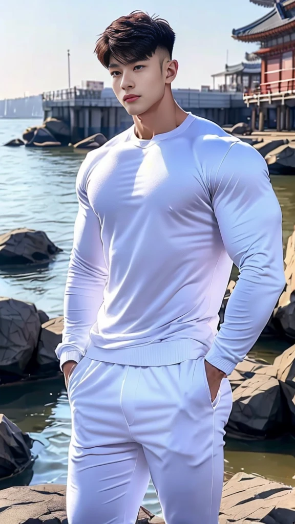 korea male handsome male,big muscle,crew cut,soft light dark academia,outfits,winter,seaside