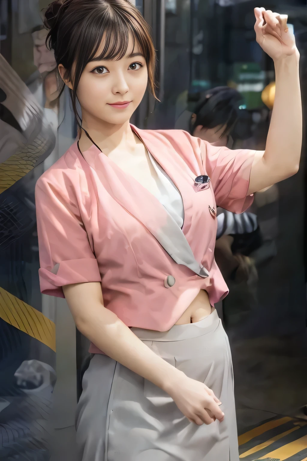 Showing your belly button、(masterpiece:1.2, Highest quality:1.2), 32k HDR, High resolution, (alone、1 girl)、 (Height: 160cm)、(On the rooftop of a building in the daytime、Professional Lighting)、Building rooftop background、(Nankai train crew uniform pinkを着たリアルスタイル)、(Nankai train crew uniform pink short sleeve collarless pink jacket、Nankai Train Crew Uniform Pink Collarless Short Sleeve Blouse、Nankai Train Crew Uniform Pink Grey Knee-length Culottes)、(The pink jacket is showing from the culottes.)、Dark brown hair、(Hair tied up、Hair tied up、Evening curly hairstyle)、Dark brown hair、Long Shot、Big Breasts、Thin legs、((Great hands:2.0)),((Harmonious body proportions:1.5)),((Normal limbs:2.0)),((Normal finger:2.0)),((Delicate eyes:2.0)),((Normal eyes:2.0)))、smile、(Nankai Train Crew Uniform Pink Grey Knee-length Culottesを見せた美しい歩く姿)、Hands on Hips