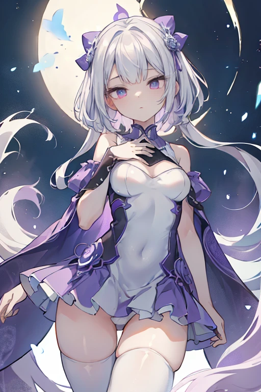 1girl, アニメ, cute girl, blank background, white background, fantasy, detailed fantasy dress with highlights, beautiful face, beautiful eyes, dark colors, black hair with multicolor streaks, red eye with different color pupil in eye, multicolor eye, medium breasts, slight cleavage, beautiful skin, cute, breast curtains, extremely delicate and beautiful, (beautiful detailed face:1.0), (detailed deep eyes), symmetrical breasts, deep eyes, shiny skin, portrait, slender waist, hips wider than shoulders, thighs, expressionless, young girl, luminous eyes, adorable,(Kpop idol),(aegyo sal:1),(Platinum blonde hair:1),((puffy eye)),Black panty,sexy posture,Superskirt, Ultra-high resolution,Black collar,slim figure, Abdominal y tattoo, womb tattoo,Tight-fitting leg ring,y tattoo on half-body,Bare skin, Armored hand,Hidden fingertips,Hand covered,Arm covered,Fist covered,{{beautiful detailed fingers}}, tufts of hair, moderate beautiful breast:1.0,(masterpiece:1.2), best quality, high-res, HDR, perfect face, intricate armor, delicate blue filigree, intricate filigree, red metalic parts, detailed part, dynamic pose, dynamic lights, cute face, neutral expression, shuimobysim, lotus, Hanfu, maxi skirt, dress conservatively 1girl, 独奏, long blue hair, standing, One lady,14years,((White hair) ,(Shiny purple bodysuit with microskirt),((Fantasy, Moon Night)), gradient_eyes,