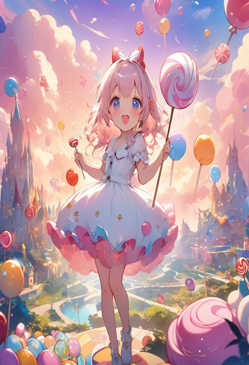anime girl in a dress holding a lollipop in a field of lollipops, splash art anime , anime art wallpaper 4 k, anime art wallpaper 4k, anime art wallpaper 8 k, anime visual of a cute girl, anime style 4 k, anime fantasy artwork, anime fantasy illustration, best anime 4k konachan wallpaper, anime wallpaper 4 k
