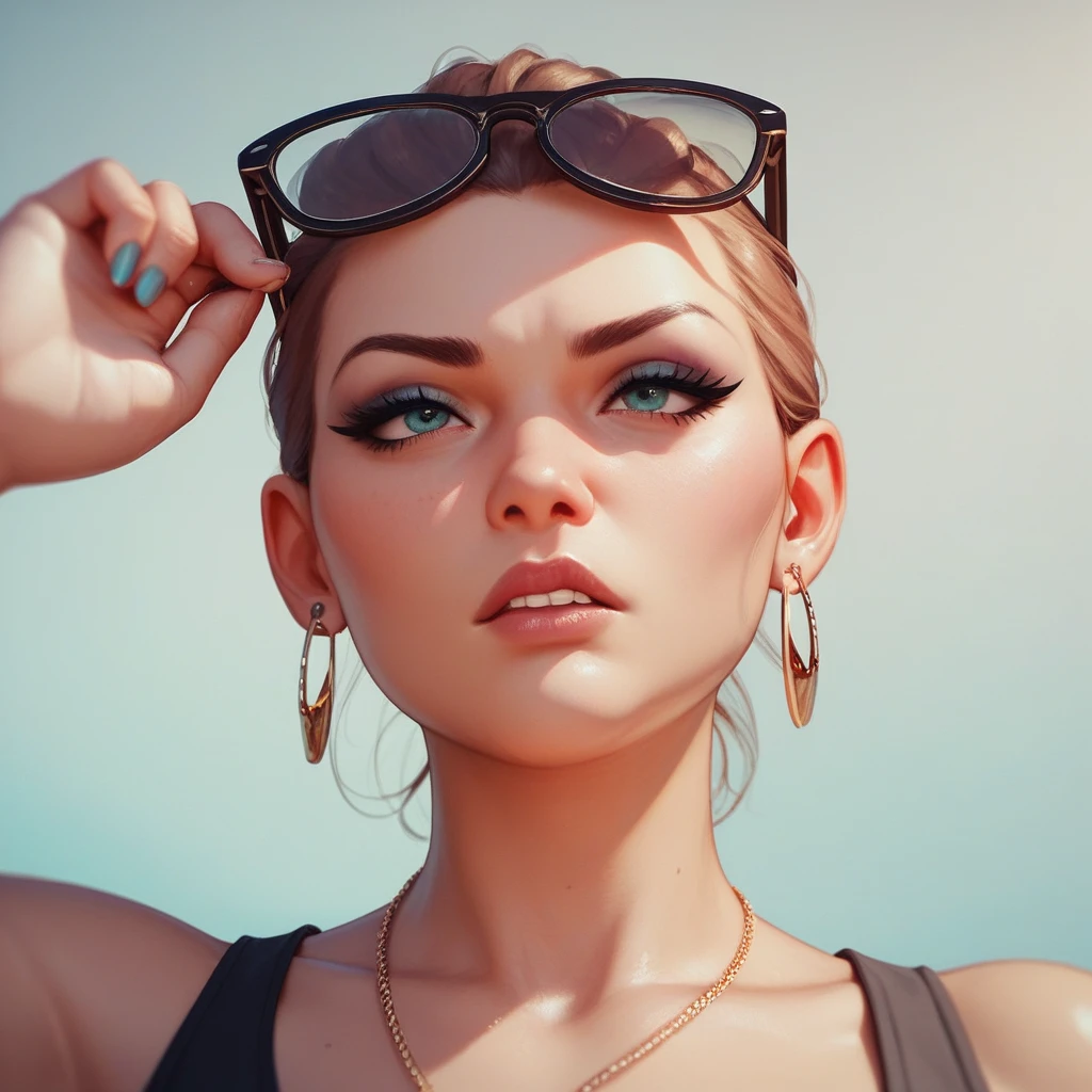 Push your glasses up on your head:1.5、A stunningly beautiful woman is frustrated because she can't find what she's looking for、Marker outline、Detailed facial features、Half-close your eyes:1.8、Wrinkles between the eyebrows、Detailed hands、Erotically detailed outfits、Dynamic pose、Atmospheric lighting、Calm colors、EdobHorrorLandscape