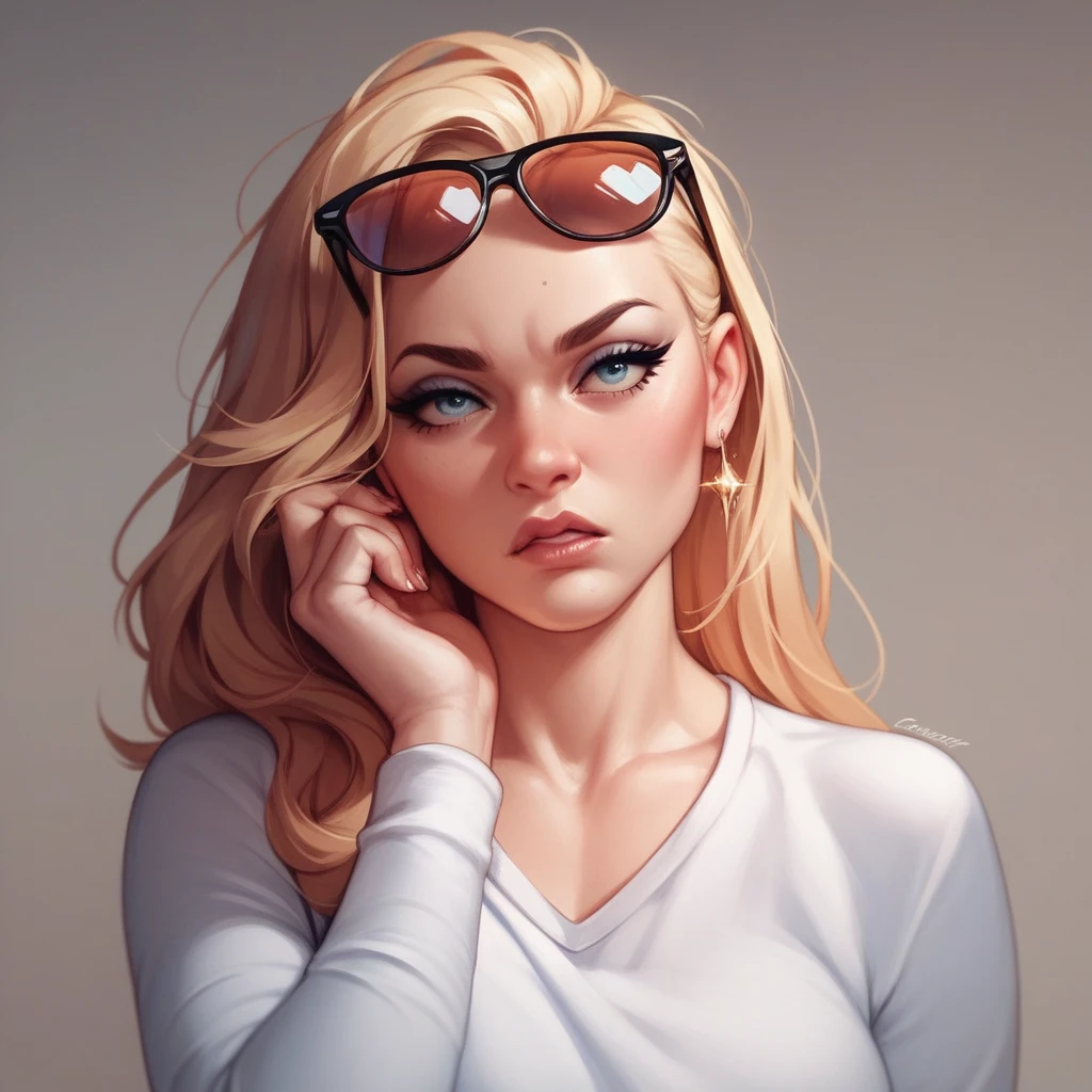Push your glasses up on your head:1.5、A stunningly beautiful woman is frustrated because she can't find what she's looking for、Marker outline、Detailed facial features、Half-close your eyes:1.8、Wrinkles between the eyebrows、Detailed hands、Erotically detailed outfits、Dynamic pose、Atmospheric lighting、Calm colors、EdobHorrorLandscape