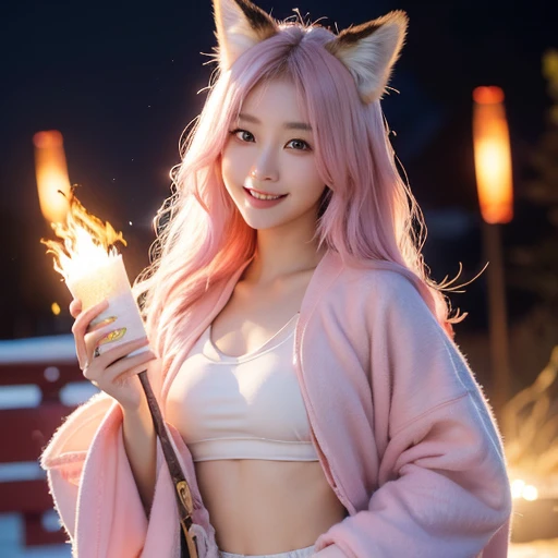 beautiful japanese young woman,Solo, Happy smiling official art, Unity 8k wallpaper, Ultra detailed, Beautiful and aesthetic, Beautiful, Masterpiece, Best quality, Kitsune witch, kitsune mask, Pink and white haori jacket, don't wear underwear, Foxfire spell, The fox is familiar, Transformation,Depth of field,