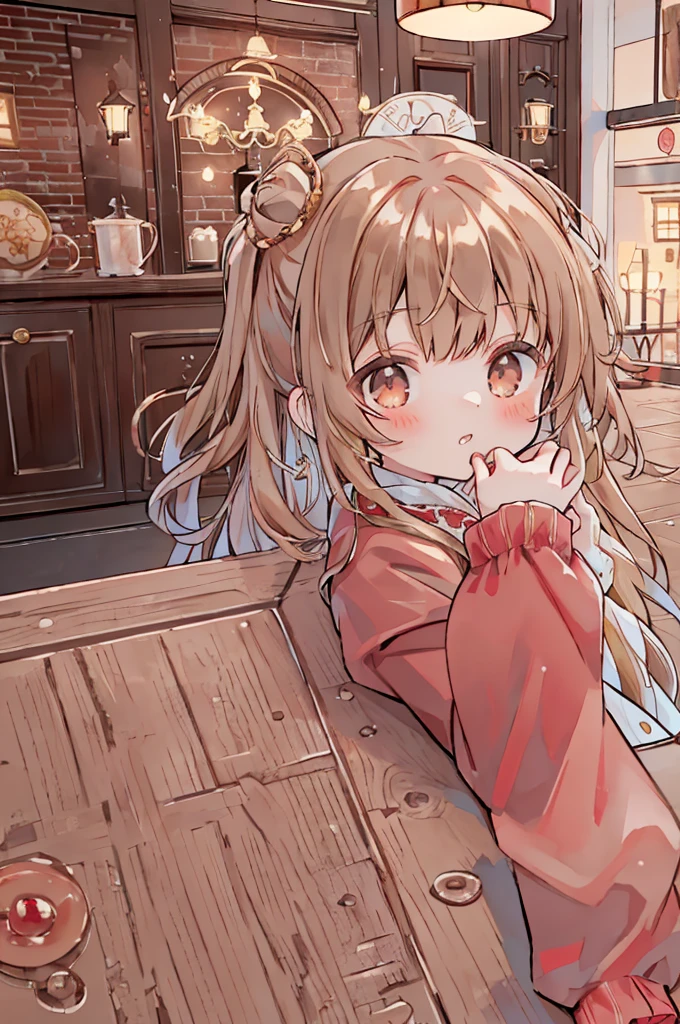 (Tabletop、8K、masterpiece、Highest quality)upon、((Half Up、))Cookie Hairpin、Brown eyes、Brown Hair、length、Fluffy hair、Red nails、apple earrings、Delicate eyes、Brown outerwear、Light brown sweater、((((体upon部))))Viewer Perspective、profile、Body side
