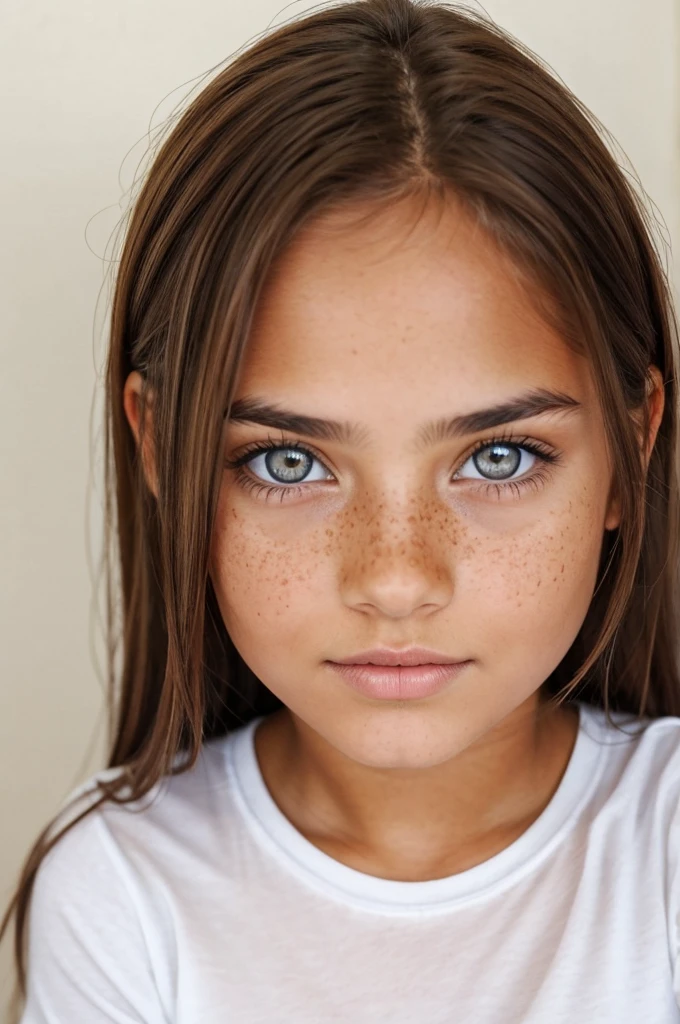 Beautiful tanned girl with light eyes, with brown hair and some freckles, dressed with a white t-shirt, ultra realistic image