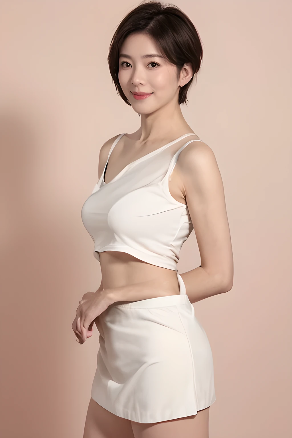 (8k, best quality, masterpiece, golden ratio composition,:1.3),(from side:1.4), (A beautiful Japanese mature female, 34 years old, Asian face, white camisole, pastel color mini skirt, short cut hair, smile:1.2), (huge breasts:1.1), (Zoom out shot:1.3),