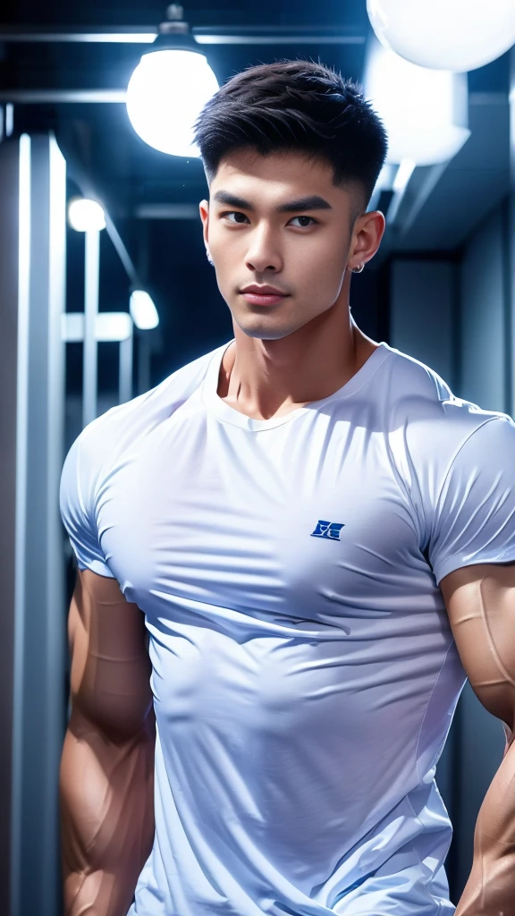 korea male male model, big muscles, handsome, cool, smoothly combed hair, pierced ears, wearing a t-shirt navy top, holding a lollipop, portraiture, modeling, dynamic pose, Japanese street, late at night, store lights trade, full half body shot,big muscle,crew cut,soft light dark academia,outfits,winter,seaside