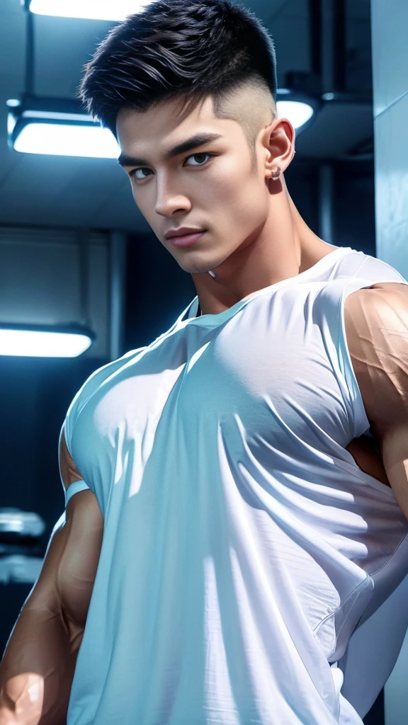 korea male male model, big muscles, handsome, cool, smoothly combed hair, pierced ears, wearing a t-shirt navy top, holding a lollipop, portraiture, modeling, dynamic pose, Japanese street, late at night, store lights trade, full half body shot,big muscle,crew cut,soft light dark academia,outfits,winter,seaside