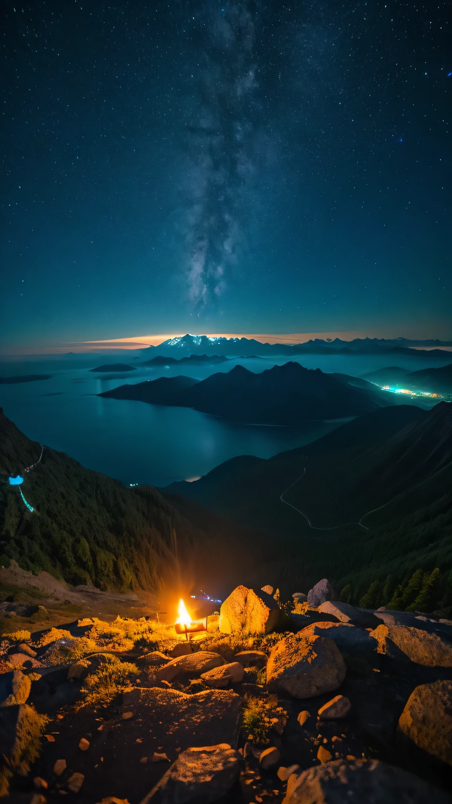 Highest quality,Fantasy,Summit,Looking down,Night view