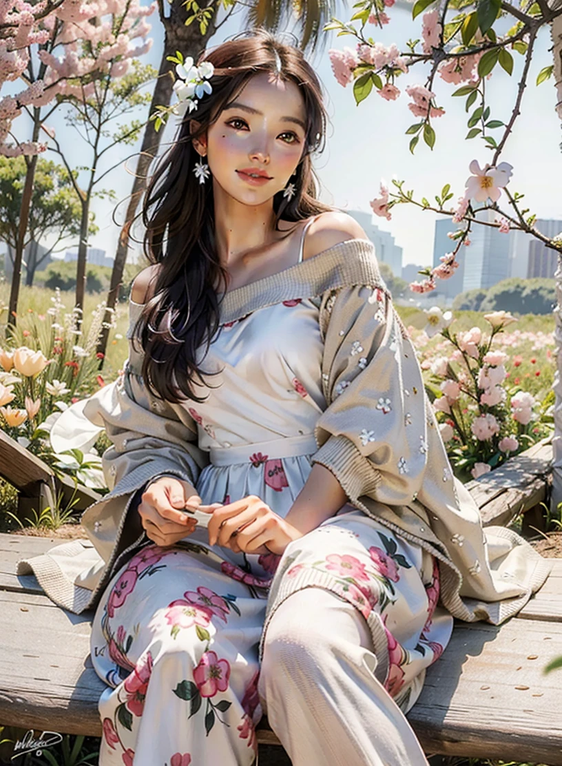 Best quality, masterpiece, ultra high res, (photorealistic:1.4), raw photo, 1girl, white dress, off shoulder, blossom flower field, glowing skin, light smile