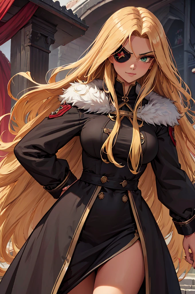 ((masterpiece)), ((best quality)), 1girl, adult, long hair, ((blonde hair)), very long blonde hair, ((intimidant look)), ((close-up)), profile image, green eyes, black and red clothes, sexy, dark colors, brillant eyes, ((coat with fur)), ((wavy hair)), exposed skin, ((sexy pose)), ((intimidant look)), good anatomy, ((dark sage clothes)), ((straight cut bangs)), emotionless, intimidant, ((beautiful eyes)), dark background, close up, ((detailed eyes)), beautiful eyes, ((detailed face)), hair bang, frontal look, evil, relaxed, smile, magical goddess othinus, detailed face, eyepatch, full body, ((detailed))
