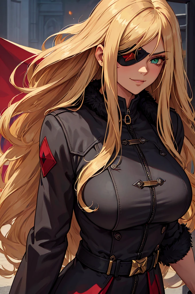 ((masterpiece)), ((best quality)), 1girl, adult, long hair, ((blonde hair)), very long blonde hair, ((intimidant look)), ((close-up)), profile image, green eyes, black and red clothes, sexy, dark colors, brillant eyes, ((coat with fur)), ((wavy hair)), exposed skin, ((sexy pose)), ((intimidant look)), good anatomy, ((dark sage clothes)), ((straight cut bangs)), emotionless, intimidant, ((beautiful eyes)), dark background, close up, ((detailed eyes)), beautiful eyes, ((detailed face)), hair bang, frontal look, evil, relaxed, smile, magical goddess othinus, detailed face, eyepatch, full body, ((detailed))