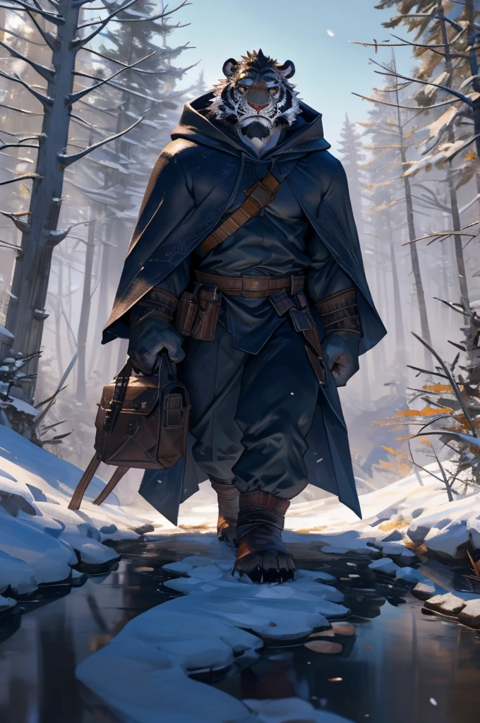 By Taran fiddler, solo, male, tiger man, dressed in a cloak and satchel, muscular, older male, cloak hiding face, face hidden by cloak hood, beard, walking towards viewer, smaller silhouette behind the tiger, forest background, snowy, establishing shot, character is far in the background, zoomed out, dynamic angles, dynamic posing.
